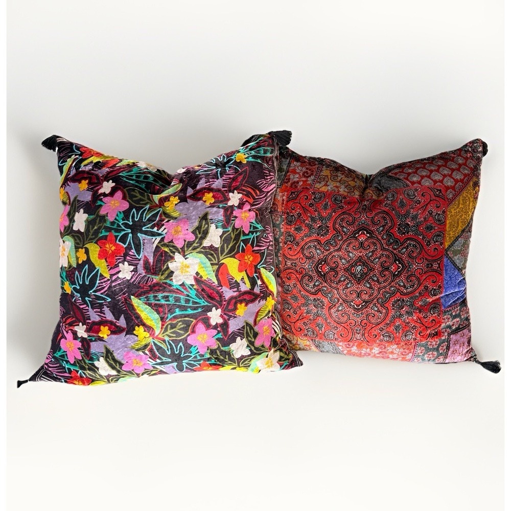 Johnny Was Velvet Floral Tassel Throw Pillow Covers Set of 2 Silk Blend $400 A